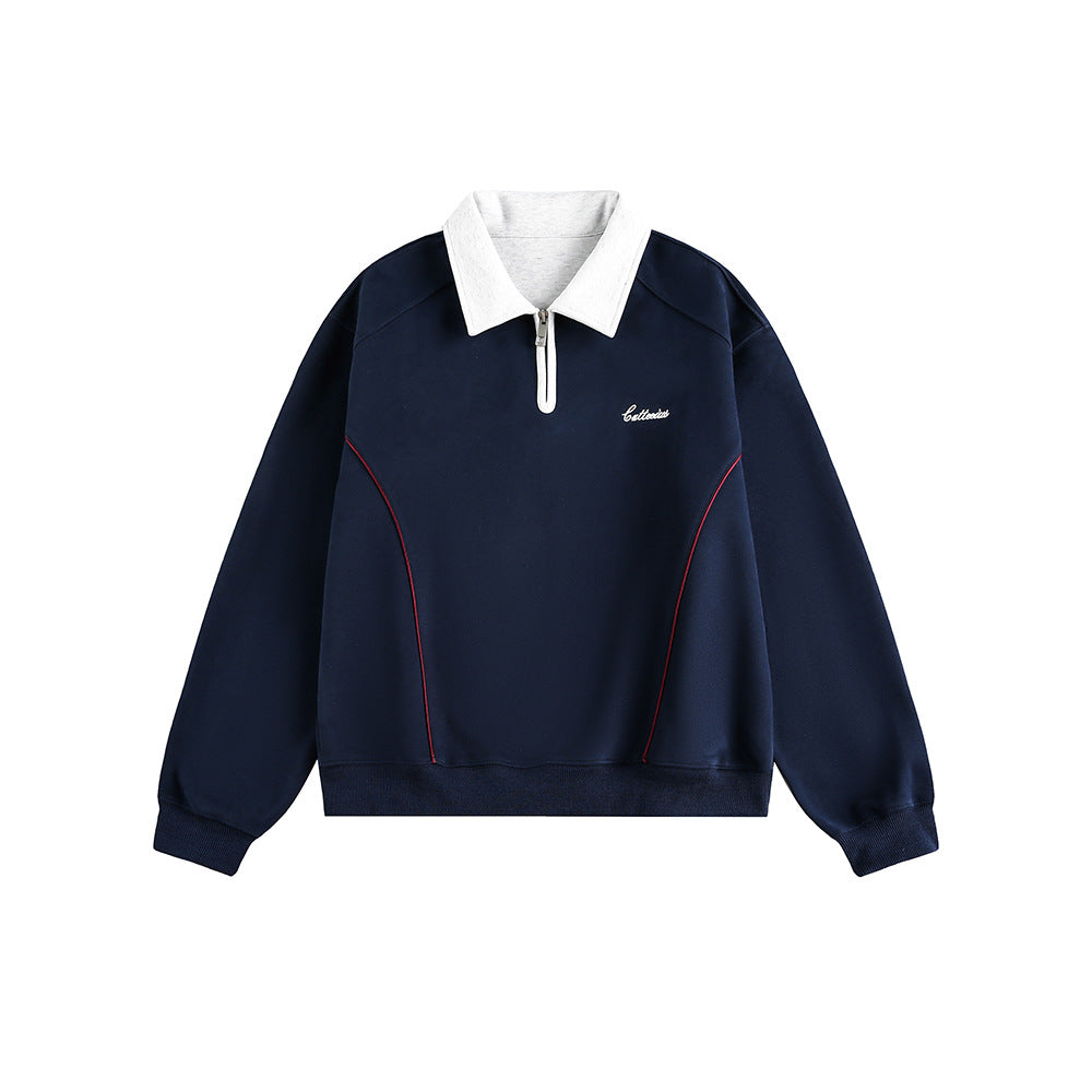 Color-Blocked Turn-Down Collar Loose Casual Versatile Hoodie