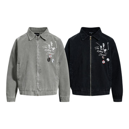 Retro Autumn/Winter Unisex Streetwear Canvas Jacket with Studs, Button Closure and Badge Design for Men