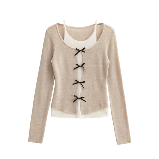 Casual bow tie fake two-piece base sweater