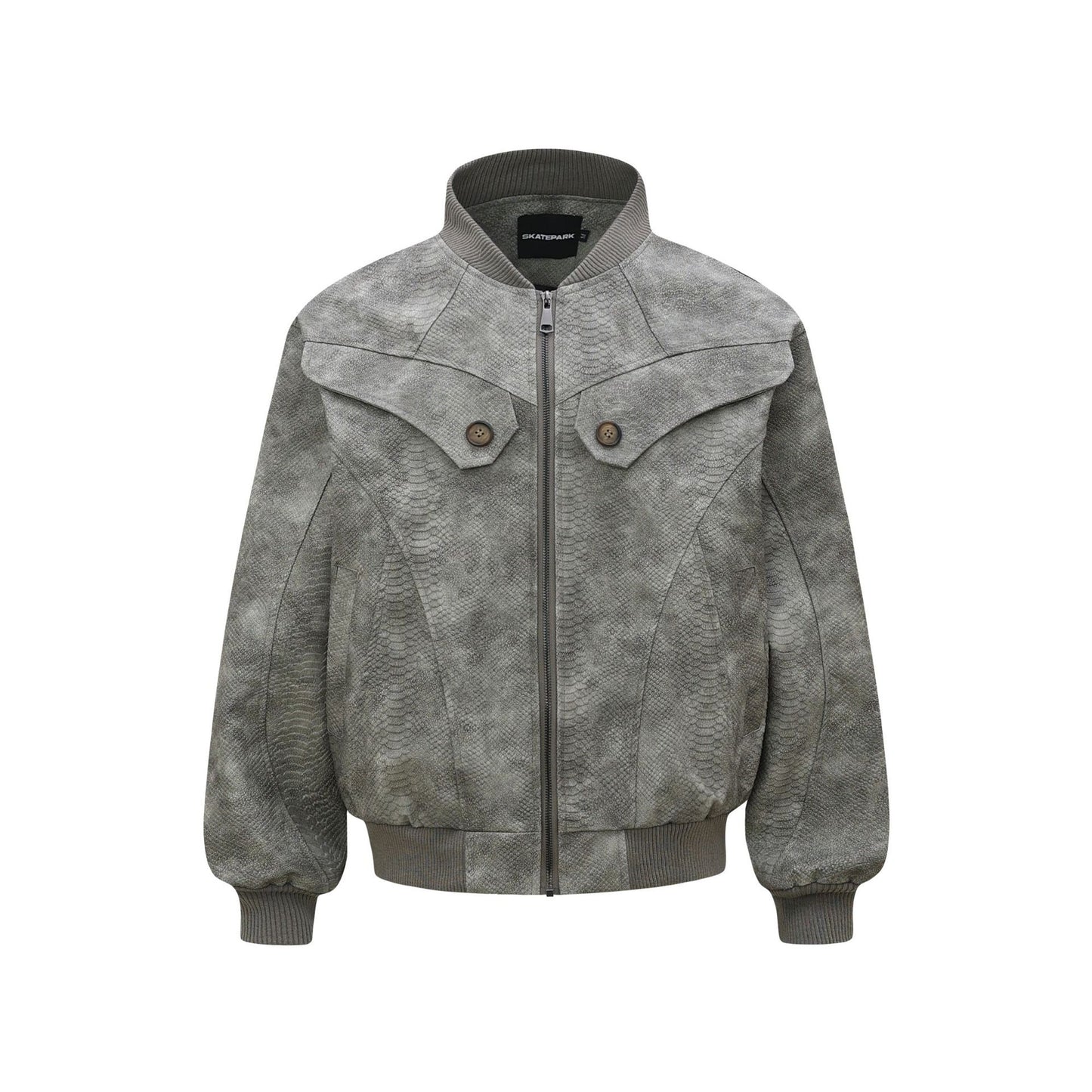 Vintage Unisex Street Style Snake Print Deconstructed Jacket with Metal Snap Design Men's Loose Fit Outerwear