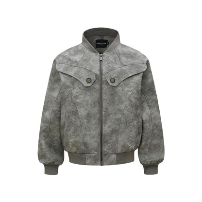 Vintage Unisex Street Style Snake Print Deconstructed Jacket with Metal Snap Design Men's Loose Fit Outerwear