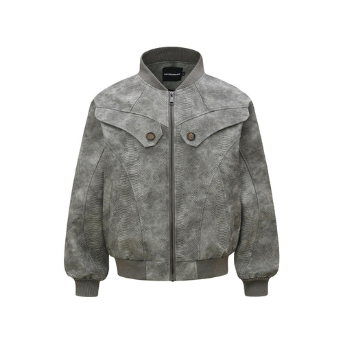 Vintage Unisex Street Style Snake Print Deconstructed Jacket with Metal Snap Design Men's Loose Fit Outerwear