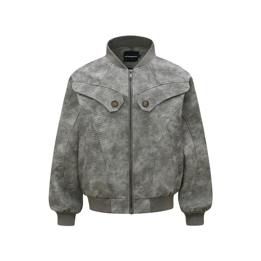 Vintage Unisex Street Style Snake Print Deconstructed Jacket with Metal Snap Design Men's Loose Fit Outerwear