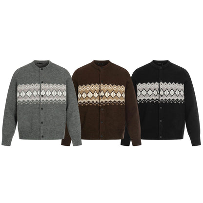 High-End Design Fair Isle Knit Cardigan Street  Men's Loose Knit Sweater