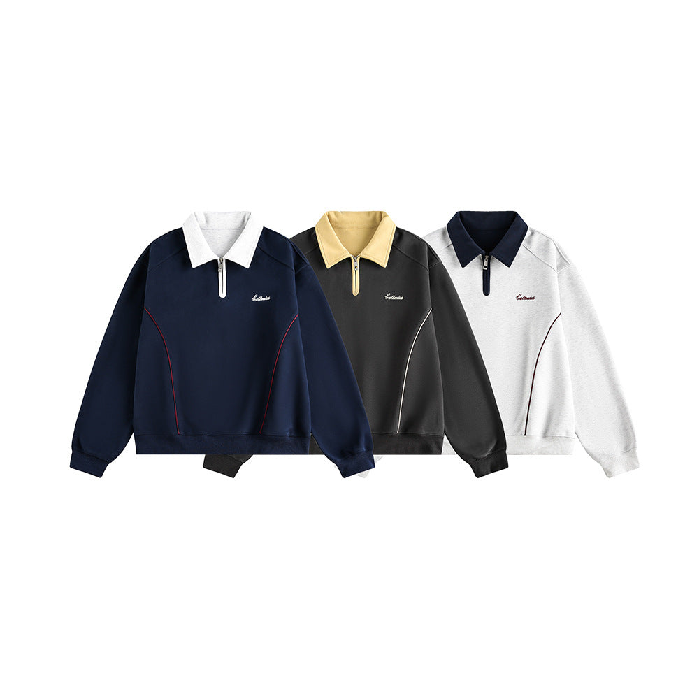 Color-Blocked Turn-Down Collar Loose Casual Versatile Hoodie