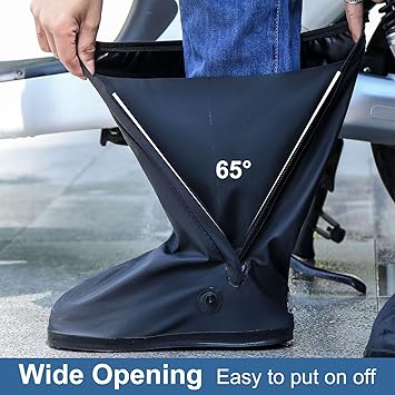 Waterproof Shoe Covers, Reusable & Foldable Rain Boot Shoe Cover with Zipper, Non-Slip, Reflector, Men Women Rain Gear, Black