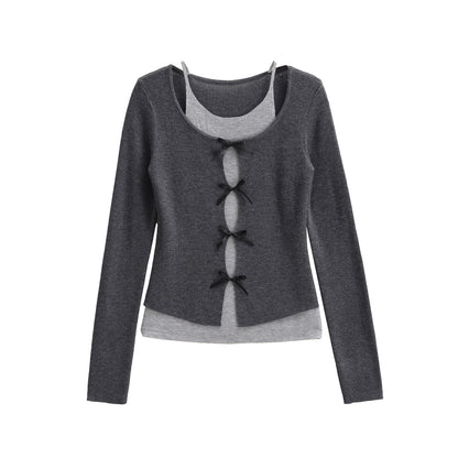 Casual bow tie fake two-piece base sweater
