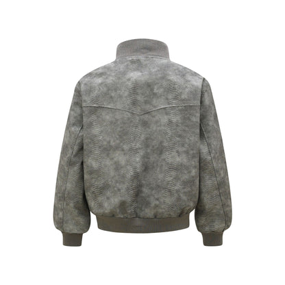 Vintage Unisex Street Style Snake Print Deconstructed Jacket with Metal Snap Design Men's Loose Fit Outerwear