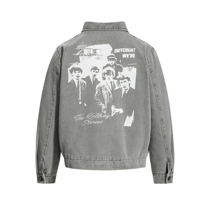 Retro Autumn/Winter Unisex Streetwear Canvas Jacket with Studs, Button Closure and Badge Design for Men