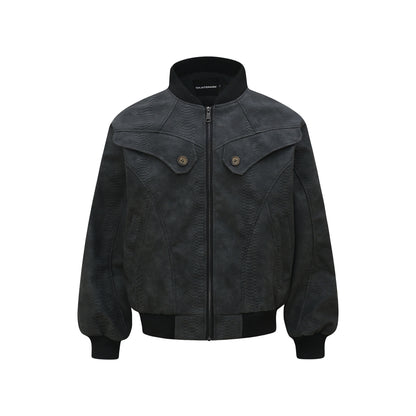 Vintage Unisex Street Style Snake Print Deconstructed Jacket with Metal Snap Design Men's Loose Fit Outerwear