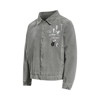 Retro Autumn/Winter Unisex Streetwear Canvas Jacket with Studs, Button Closure and Badge Design for Men