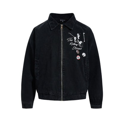 Retro Autumn/Winter Unisex Streetwear Canvas Jacket with Studs, Button Closure and Badge Design for Men