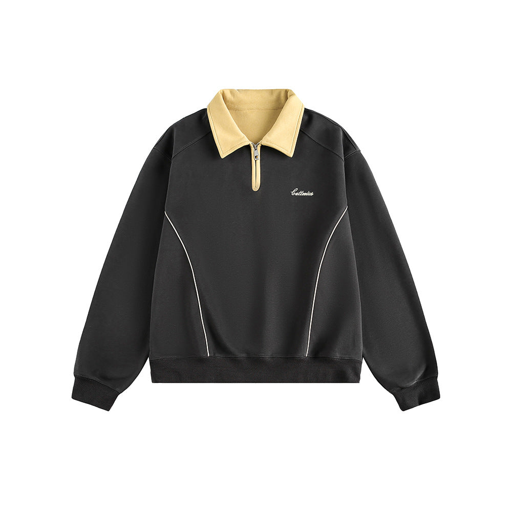 Color-Blocked Turn-Down Collar Loose Casual Versatile Hoodie